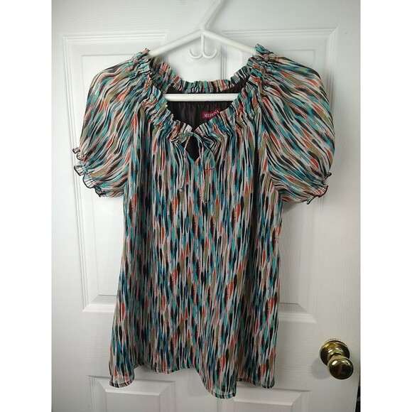 Merona Woman L Blouse V Neck Sheer Tank Lined SS Retro Flowy Business Casual - Picture 1 of 10